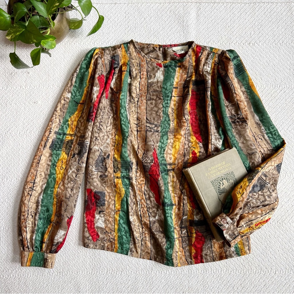 Vintage French Script 80s Satin Brocade Funky Blouse size 8 medium